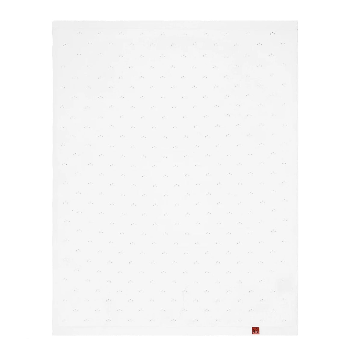 White pointelle knit baby blanket, square flat with small logo patch at bottom corner