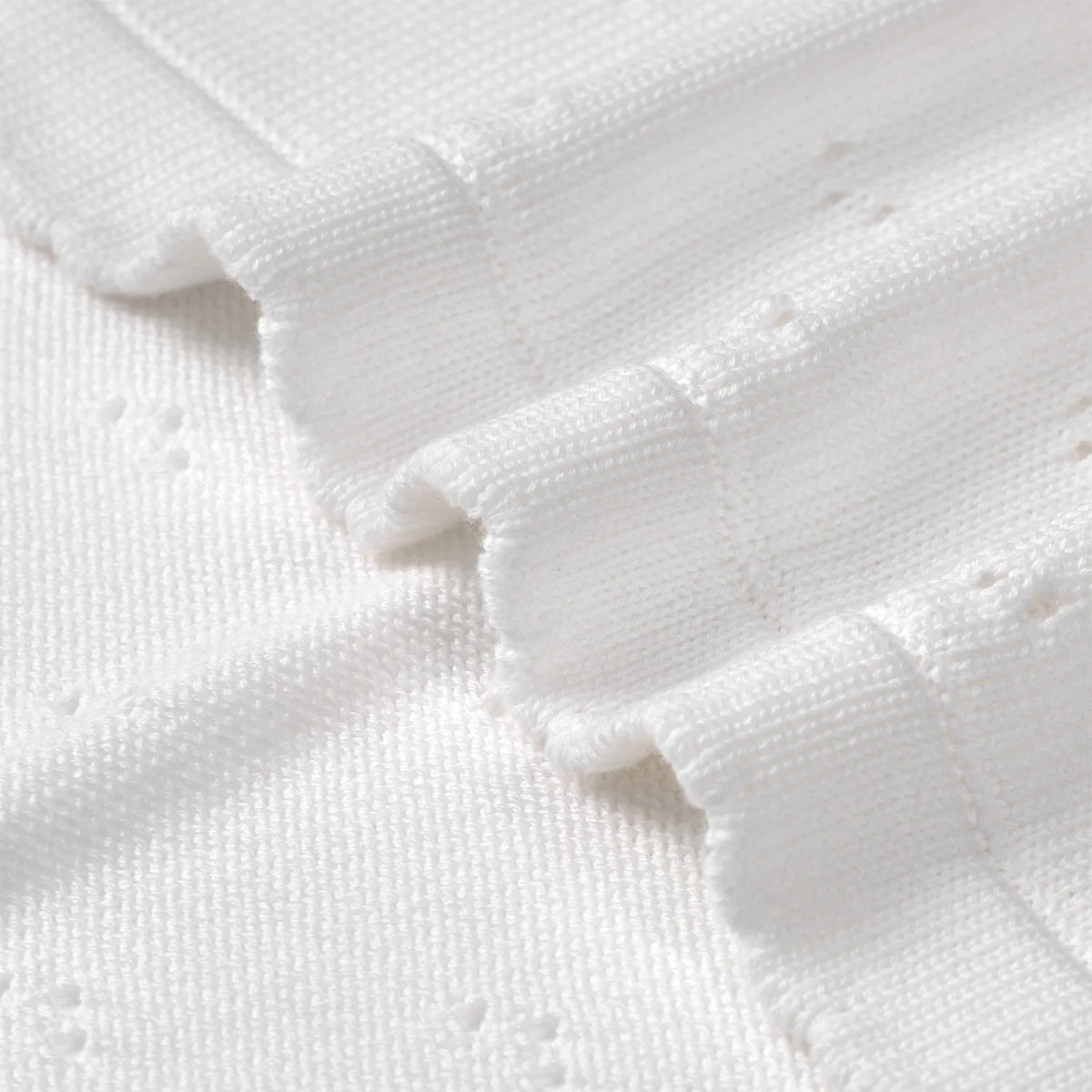 White pointelle knit blanket close-up, textured grid with raised scalloped stitching