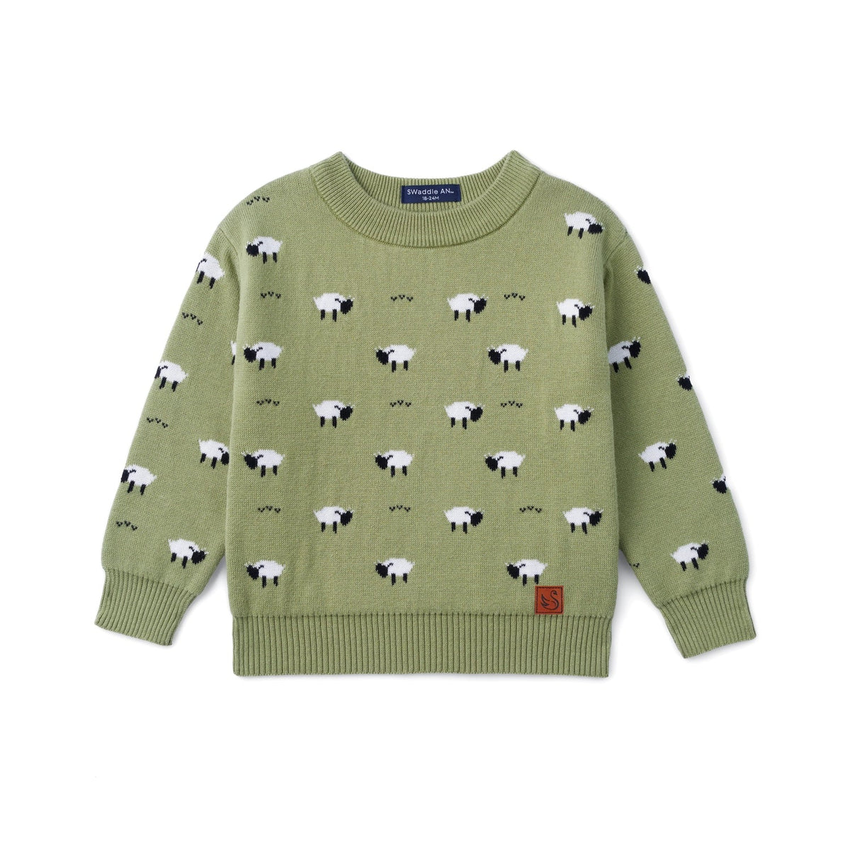 Kids knit sweater in olive green with scattered white sheep and ribbed crew neckline