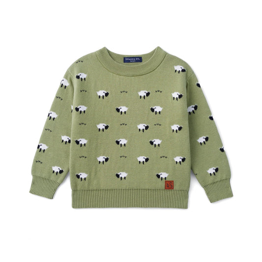 Kids knit sweater in olive green with scattered white sheep and ribbed crew neckline