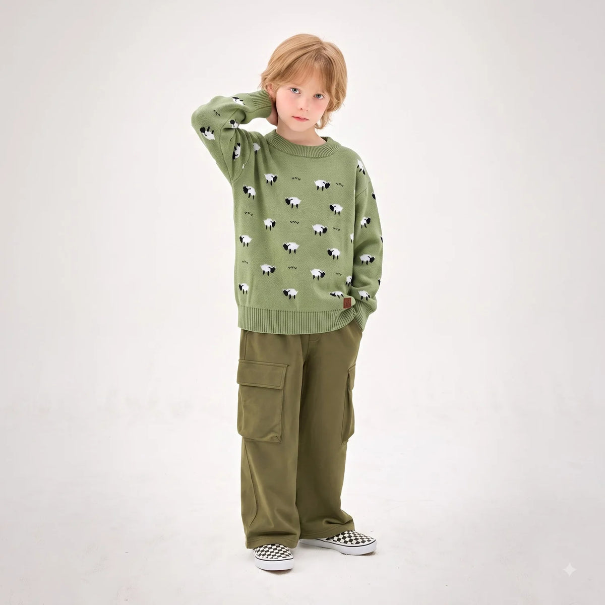 Kids olive green knit sweater with white sheep pattern, worn with pants and sneakers