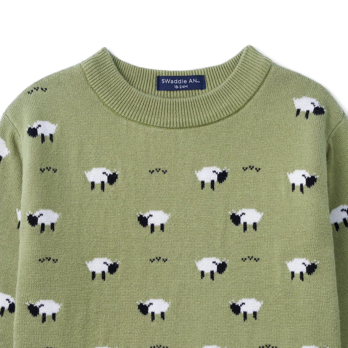 Kids olive green sweater knit with crew neck and white sheep motif pattern