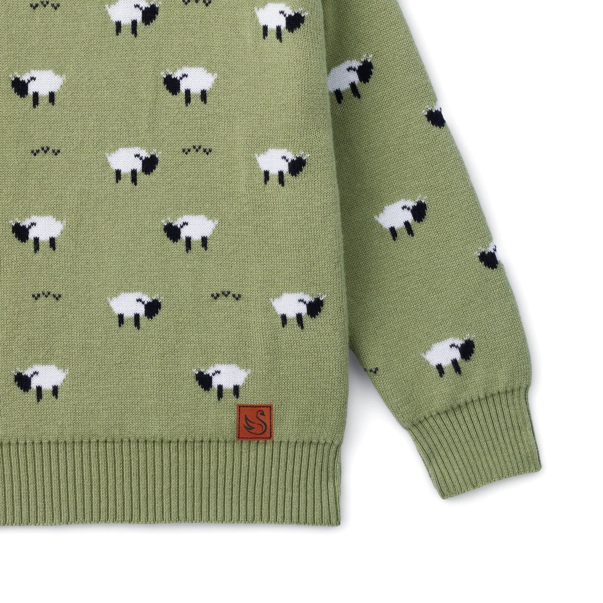 Kids olive green knit sweater with ribbed cuffs and hem, plus small logo patch
