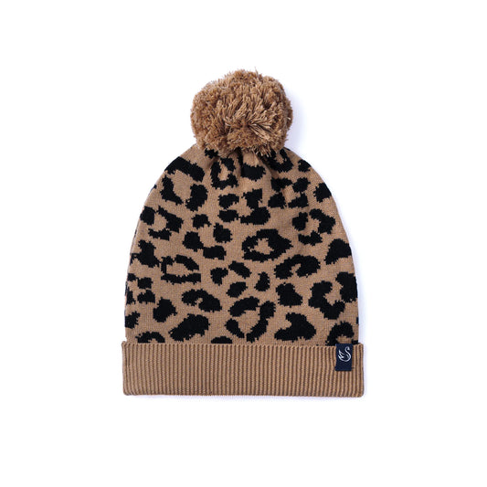 Leopard print baby knit beanie with brown pom-pom and ribbed cuff
