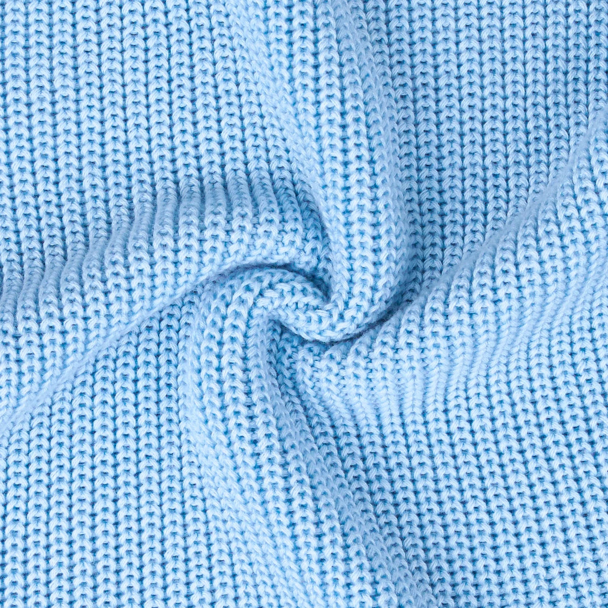 Baby blue knit romper fabric close-up with ribbed trim