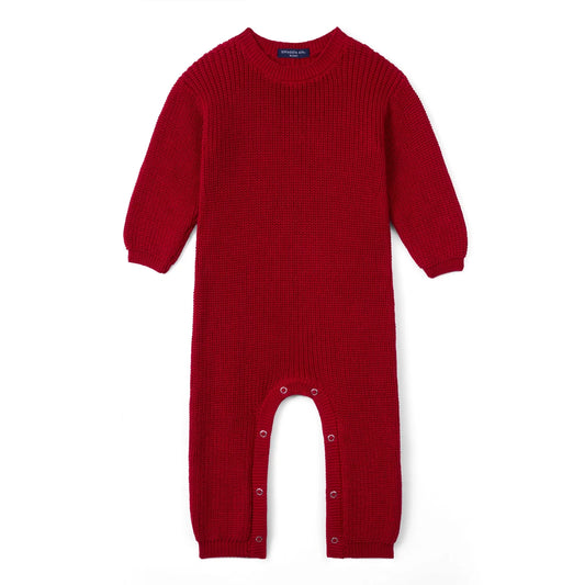 Red knit baby romper with long sleeves and snap-button legs