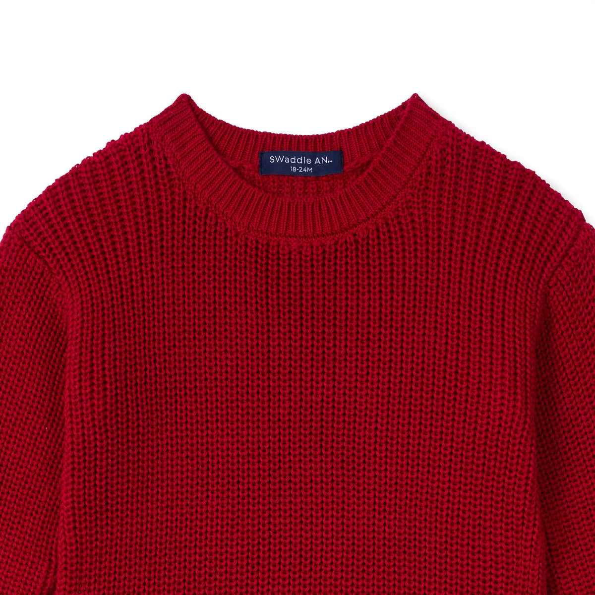 Red knit romper neckline with ribbed collar and textured stitch pattern