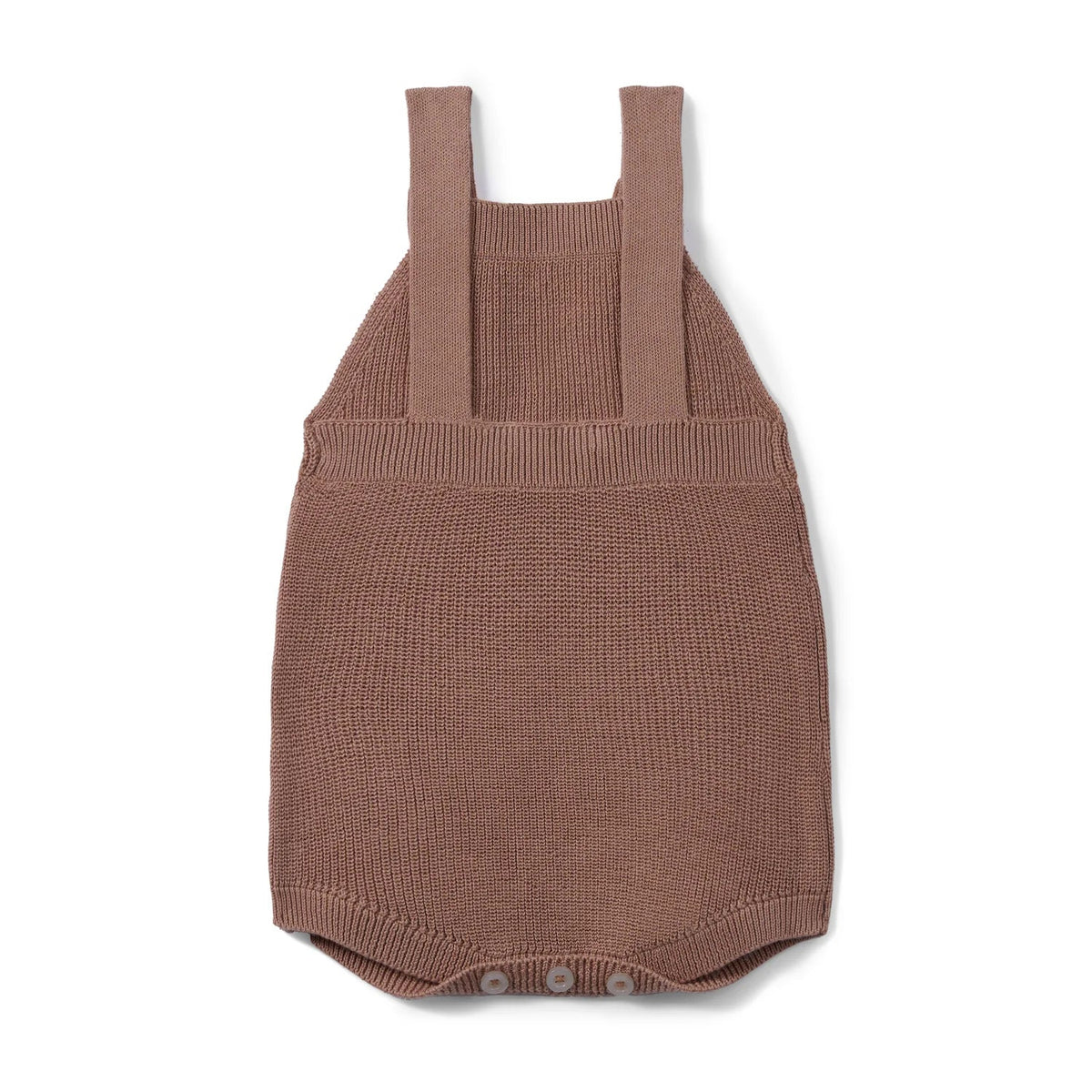 Mocha knit baby romper with button-strap overalls and snap-close leg bottom