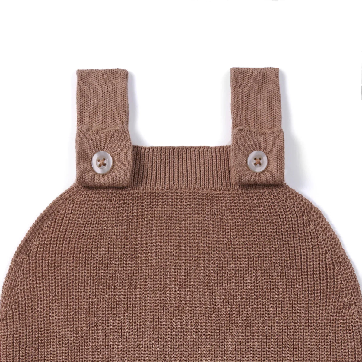 Mocha knit romper with wide neckline and two buttoned shoulder straps