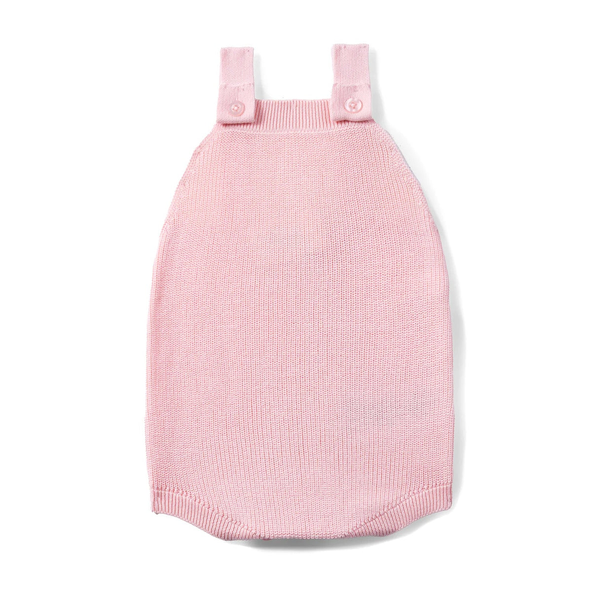 Baby knit button-strap romper in pink, sleeveless with snap buttons at shoulders