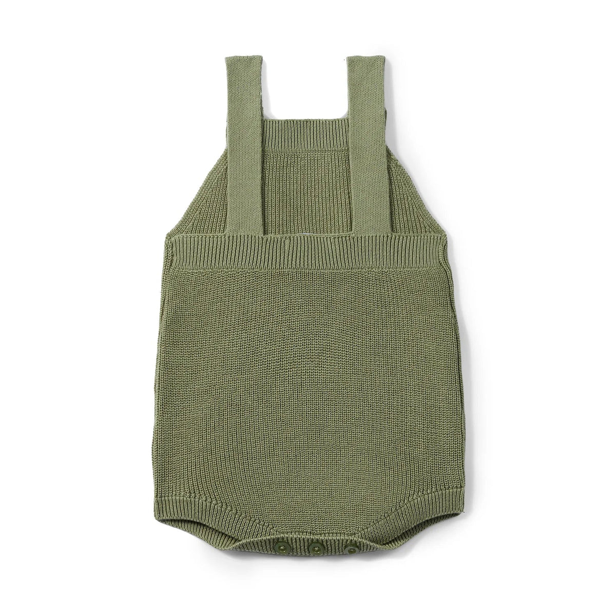 Sage green knit baby romper with button shoulder straps and sleeveless bodice