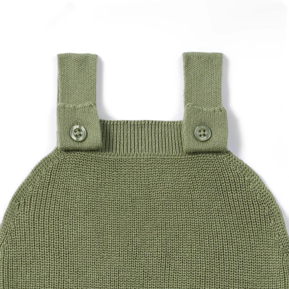 Sage green knit romper front with square neckline and two button straps