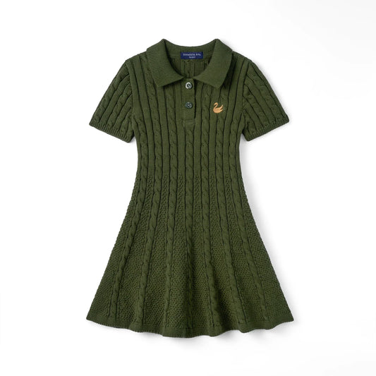 Forest green cable-knit polo dress with short sleeves and button placket