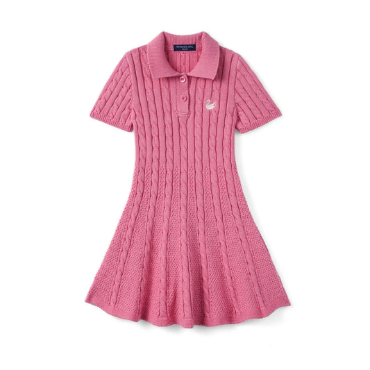 Rose pink cable knit polo dress with short sleeves and button placket