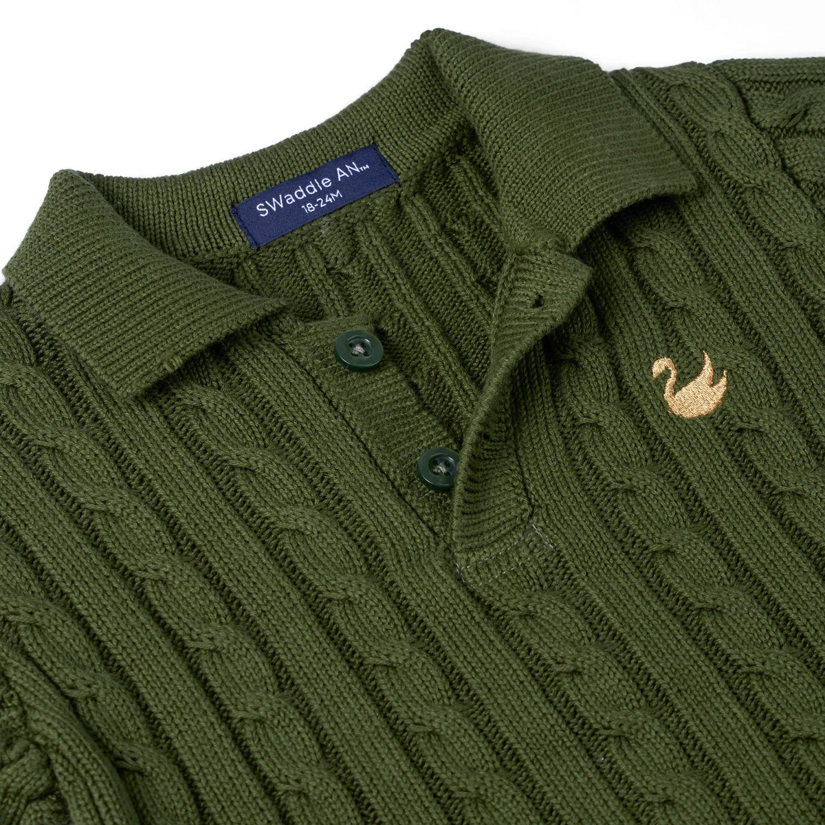 Forest green polo sweater close-up of knit texture, buttons, collar, and bird logo