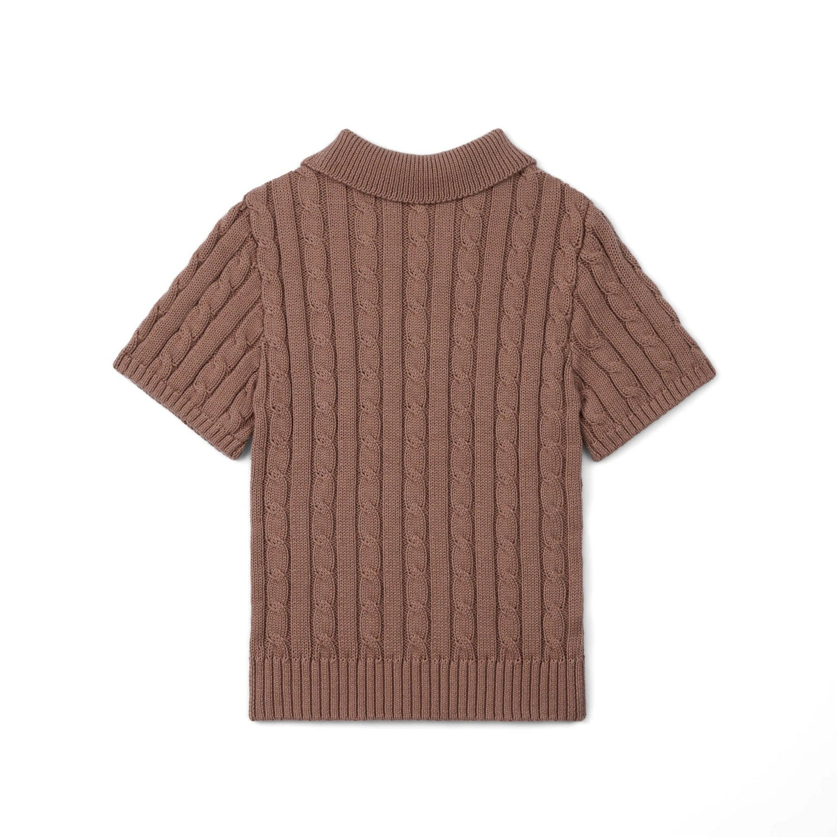 Mocha cable-knit polo sweater, short sleeves, ribbed collar, textured knit pattern.