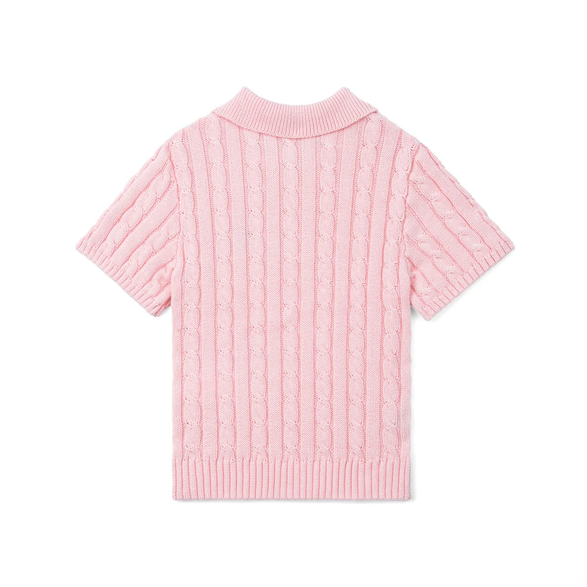 Pink cable-knit polo sweater with ribbed collar and short sleeves
