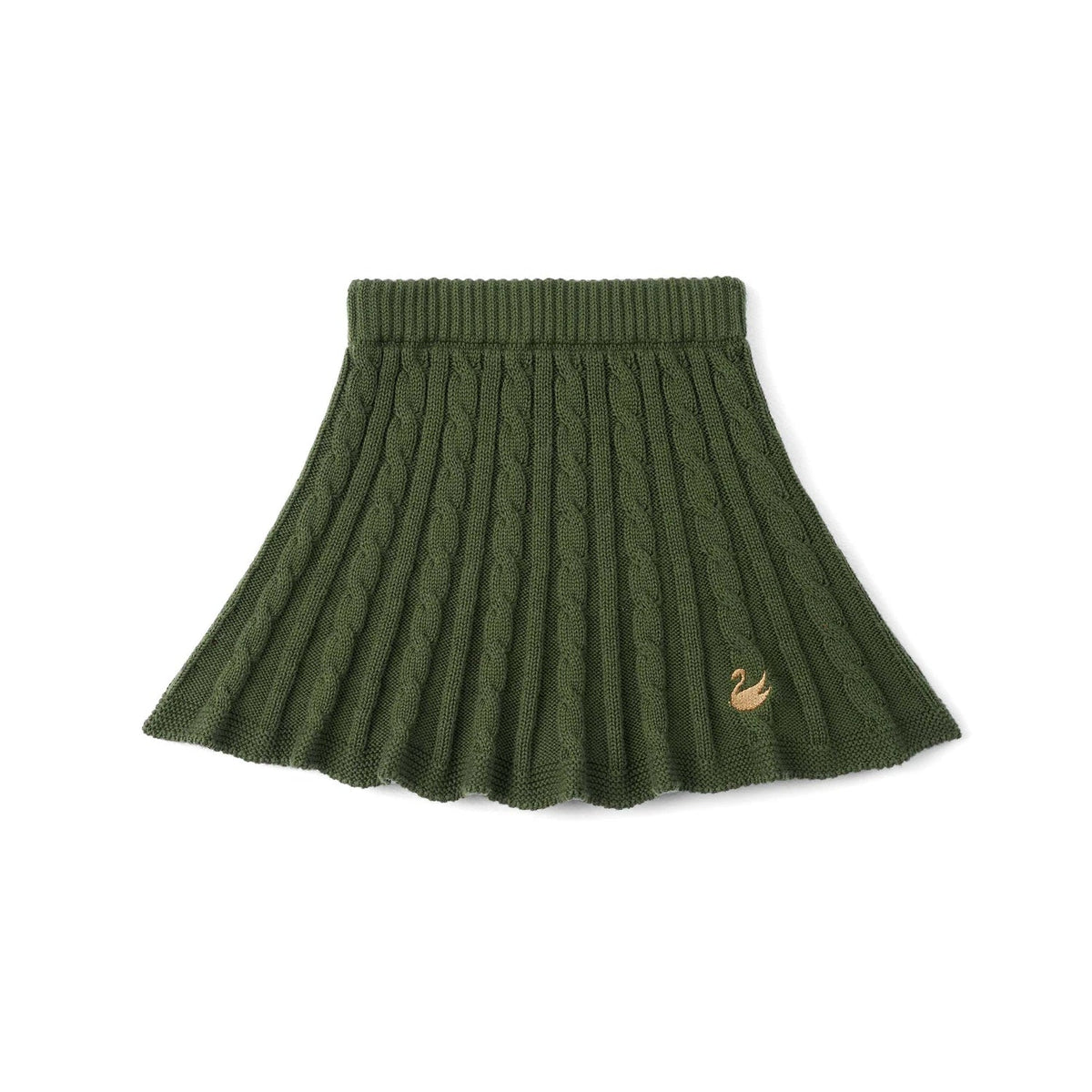 Forest green cable-knit skirt with ribbed waistband and flared hem, Nike logo detail