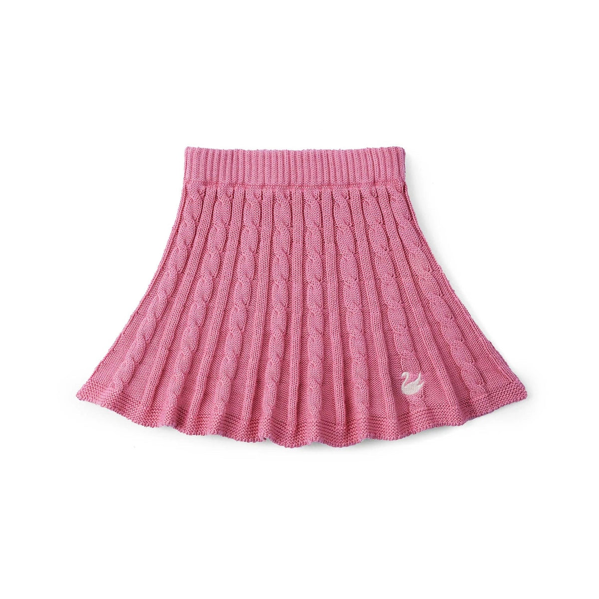 Rose pink cable-knit skirt with ribbed waistband and flared A-line hem