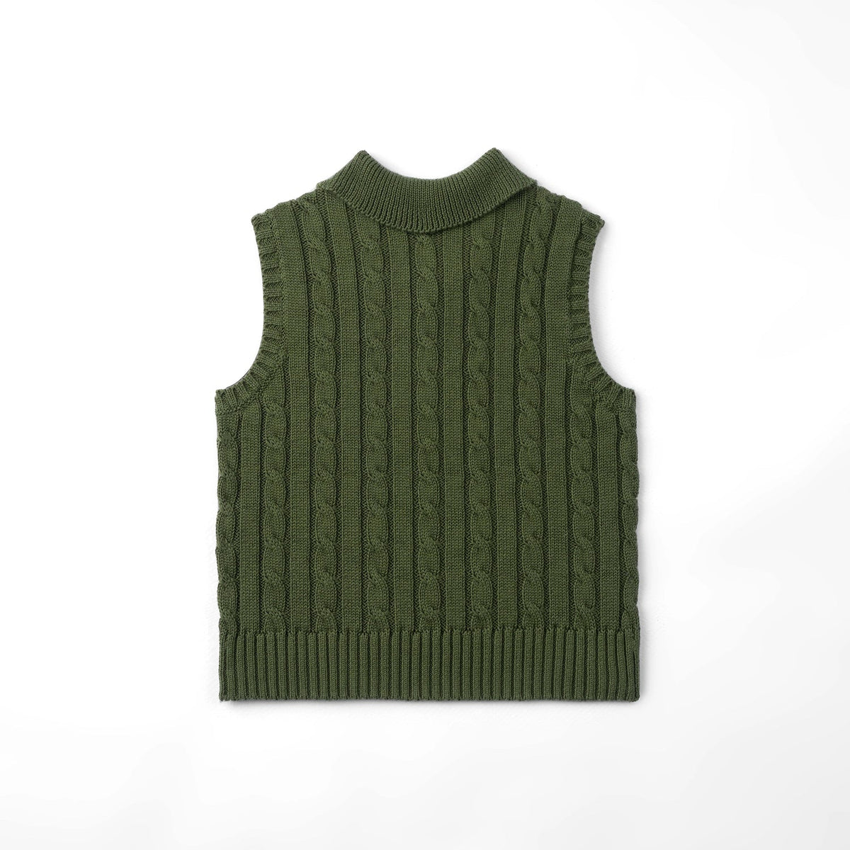 Forest green cable-knit sleeveless polo shirt with ribbed hem and textured knit pattern