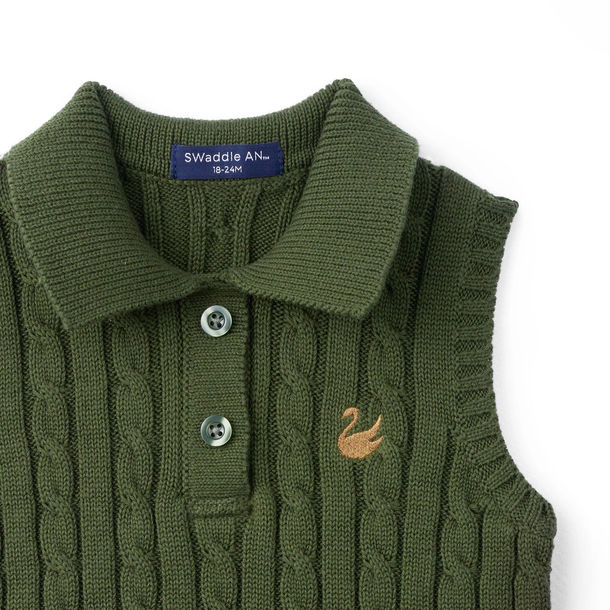 Forest green sleeveless polo with wide ribbed collar, two buttons, and bird emblem