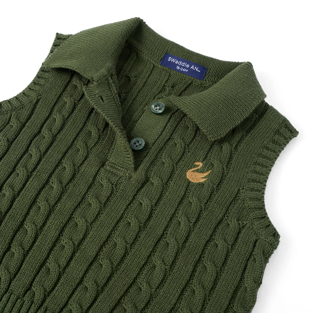 Forest green sleeveless polo with ribbed collar, buttons, and embroidered bird on knit body