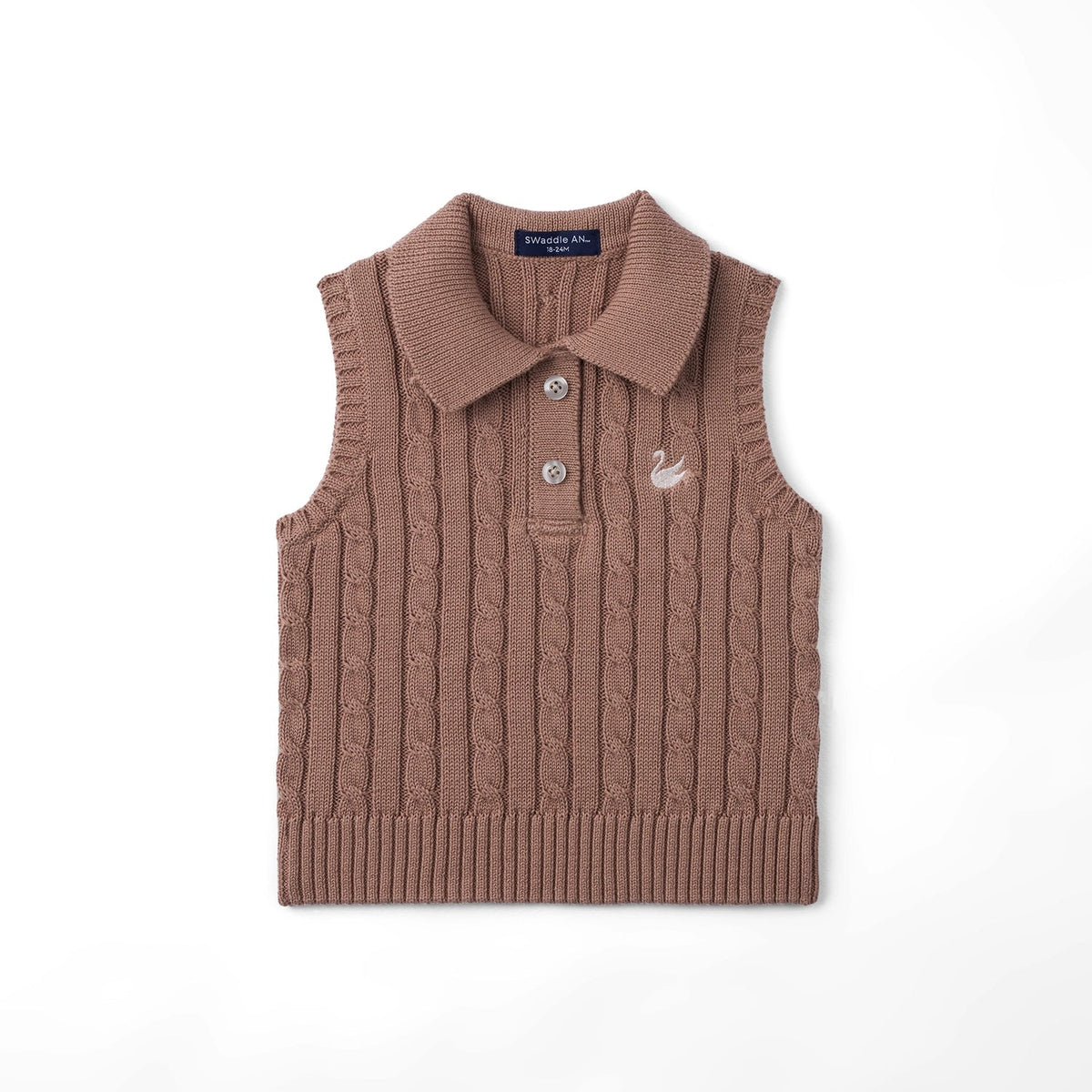 Mocha cable-knit sleeveless polo shirt with collared neckline, button placket, bird logo