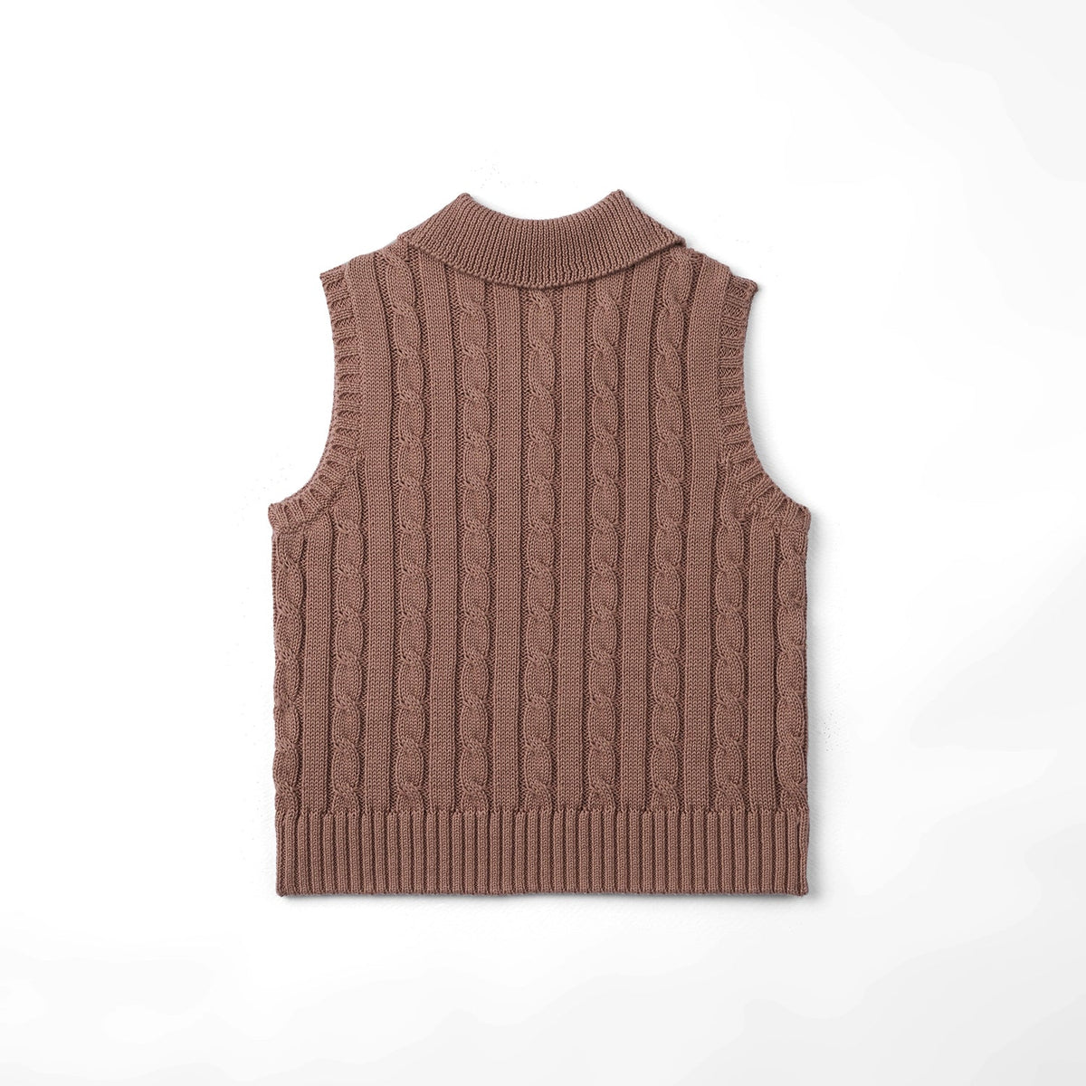 Mocha cable-knit sleeveless polo shirt back view with ribbed collar and hem