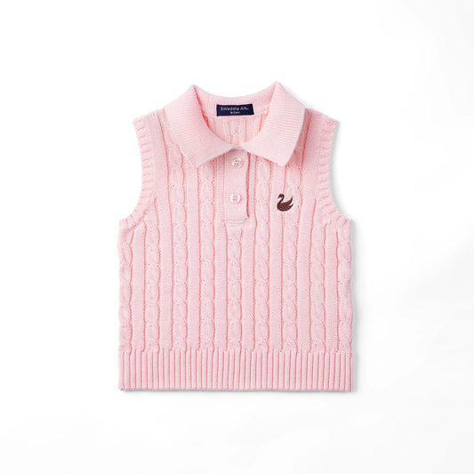 Pink cable-knit sleeveless polo shirt with collared neckline and button placket