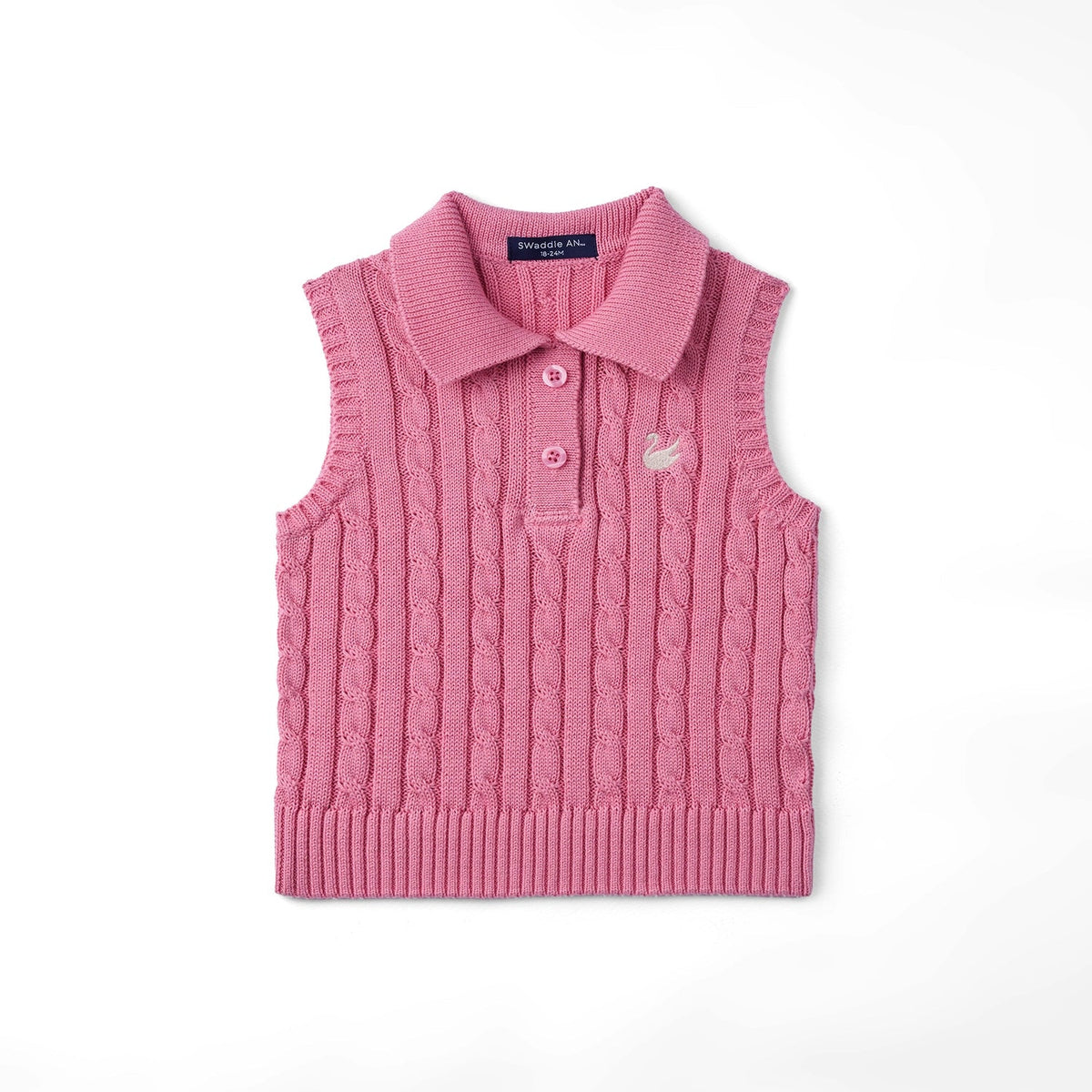 Rose pink cable-knit sleeveless polo shirt with collared button placket
