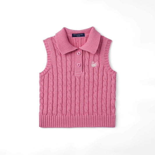 Rose pink cable-knit sleeveless polo shirt with collared button placket