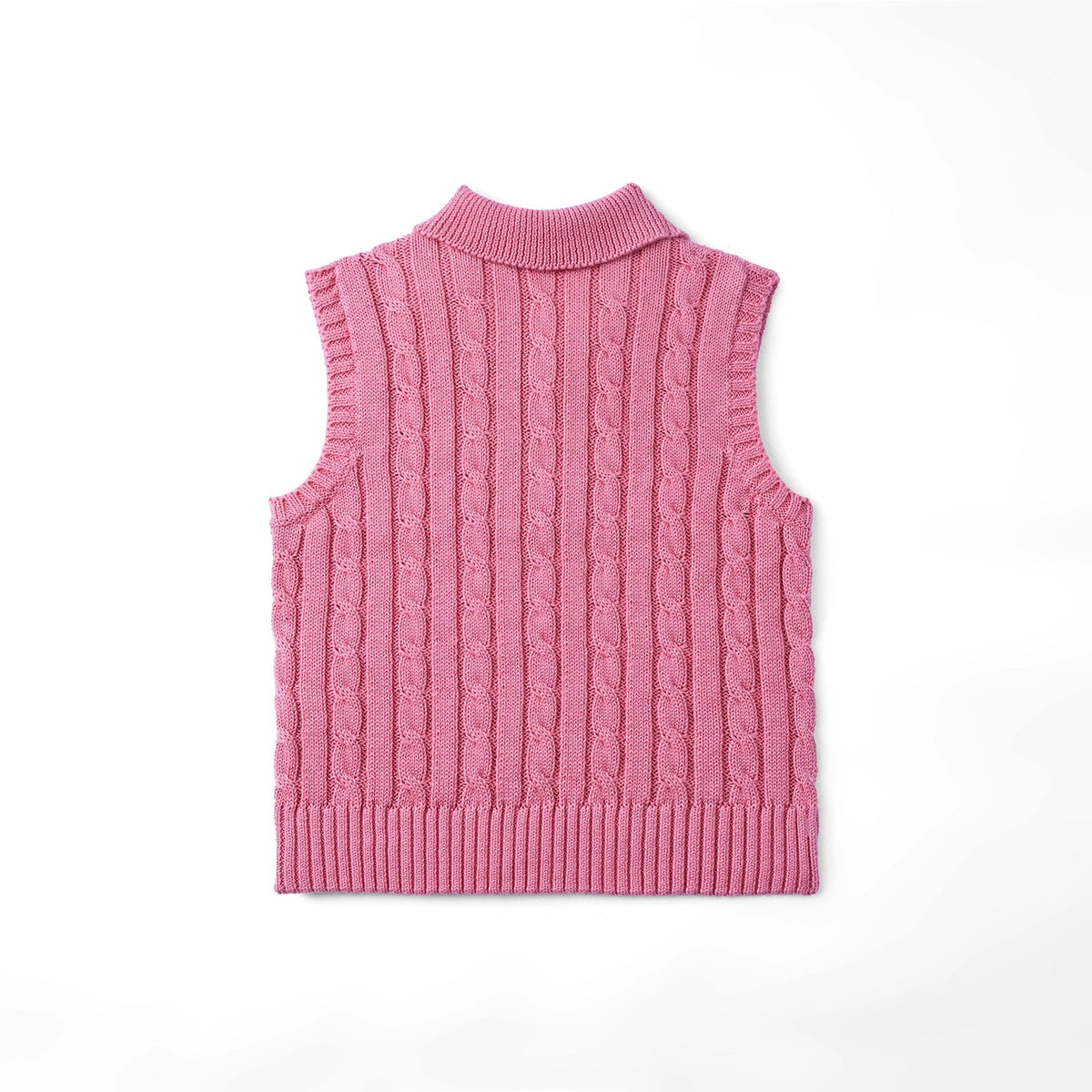 Rose pink cable-knit sleeveless polo shirt back view with ribbed hem