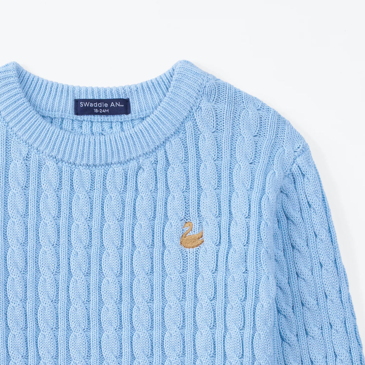 Baby blue cable knit baby sweater with swan embroidery