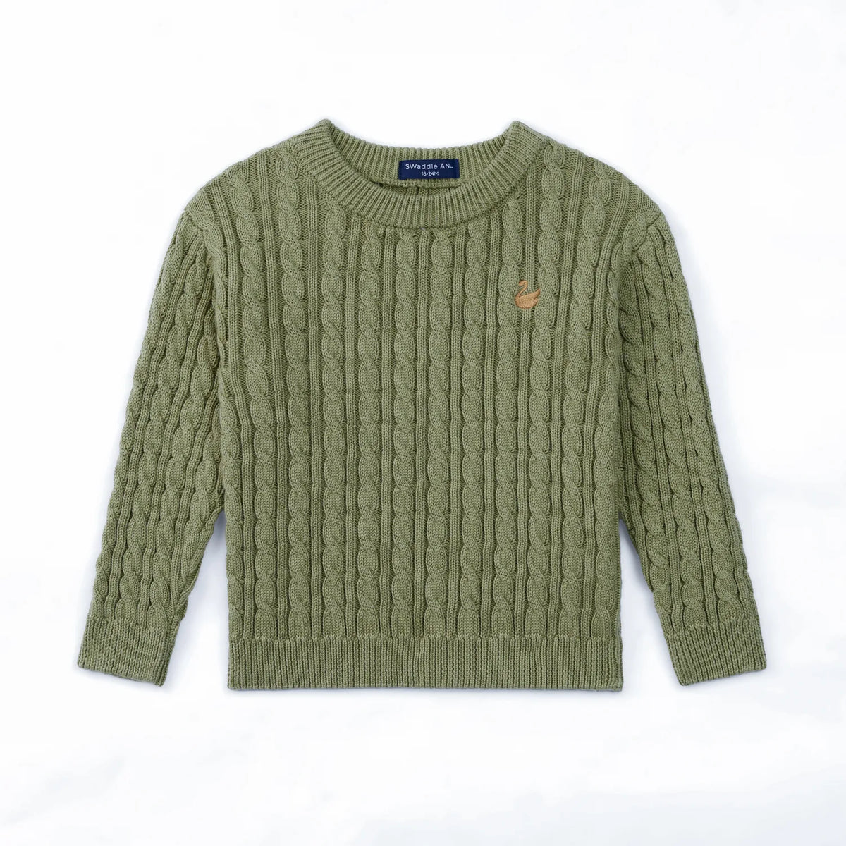 Sage green cable knit baby sweater with crew neck and long sleeves