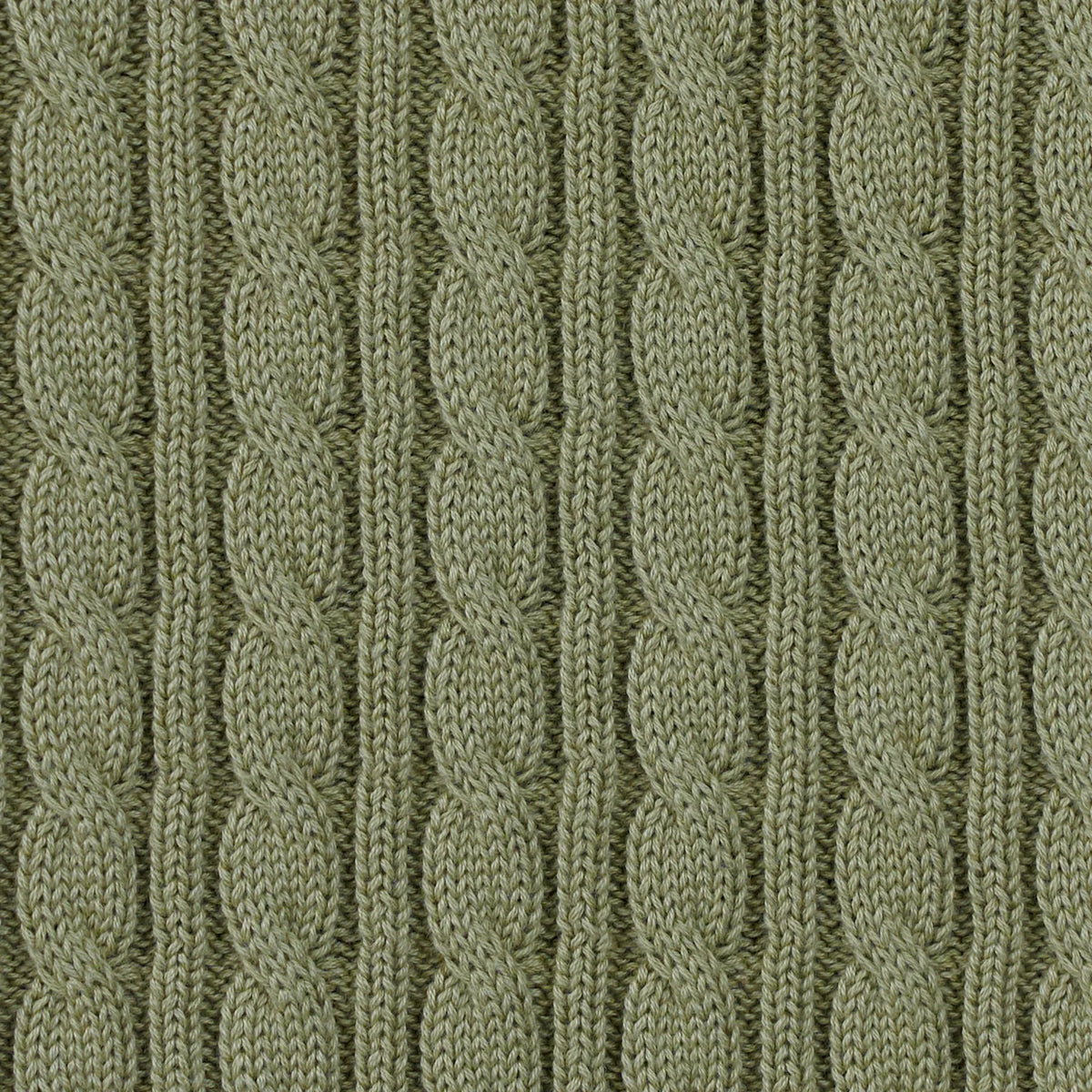 Sage green cable knit sweater fabric with textured vertical cable pattern