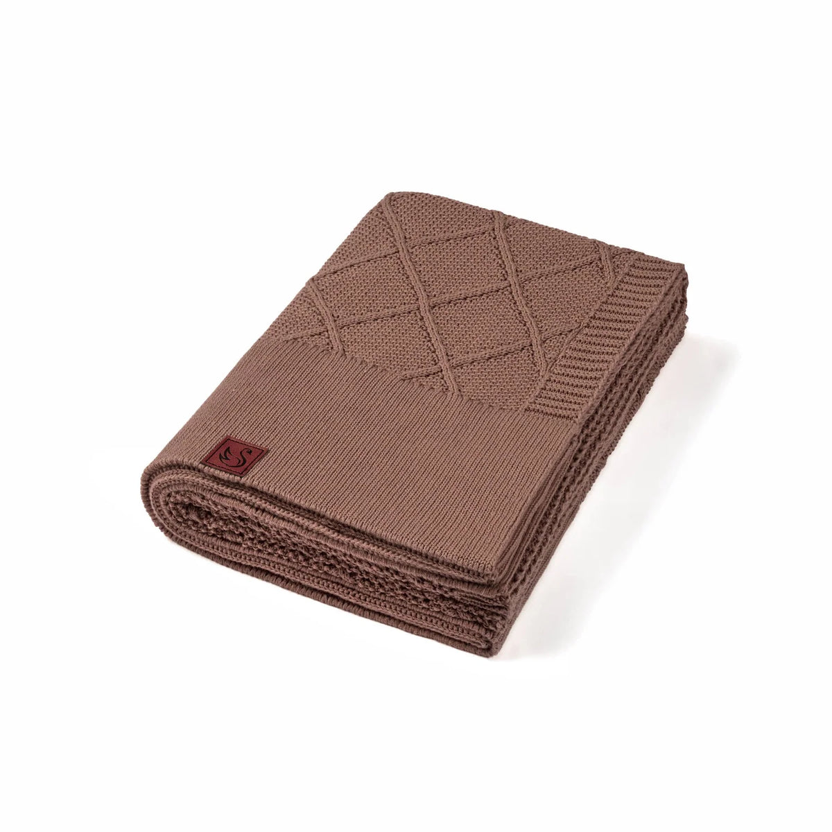 Mocha diamond-stitch knit baby blanket, neatly folded with woven border detail.