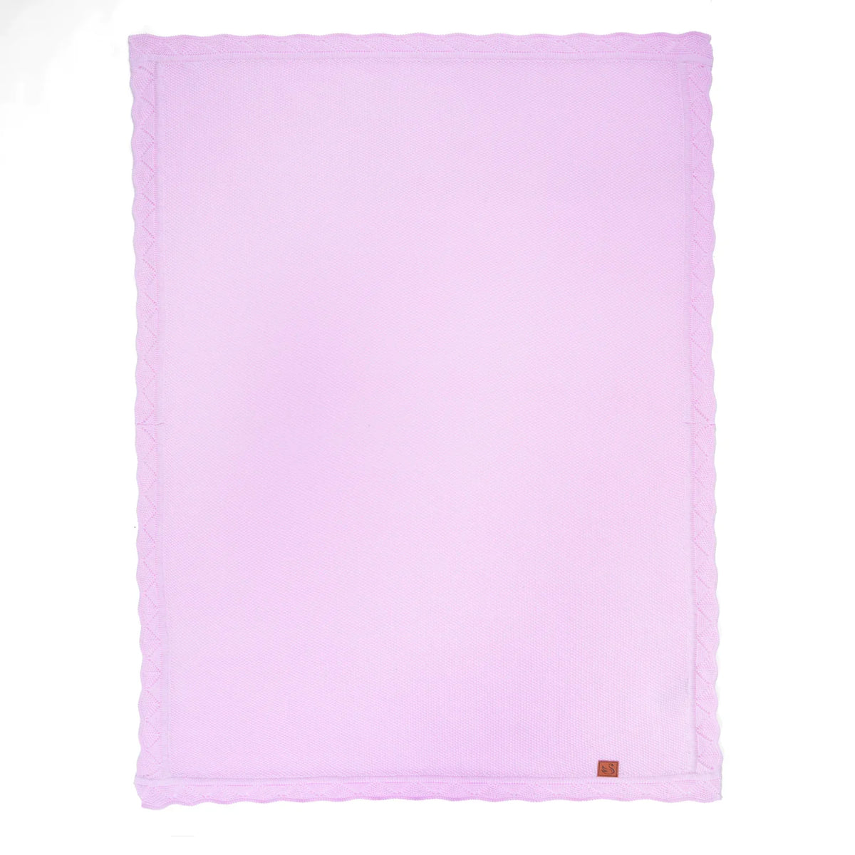 Lilac lace-knit baby blanket with scalloped edge and smooth textured knit