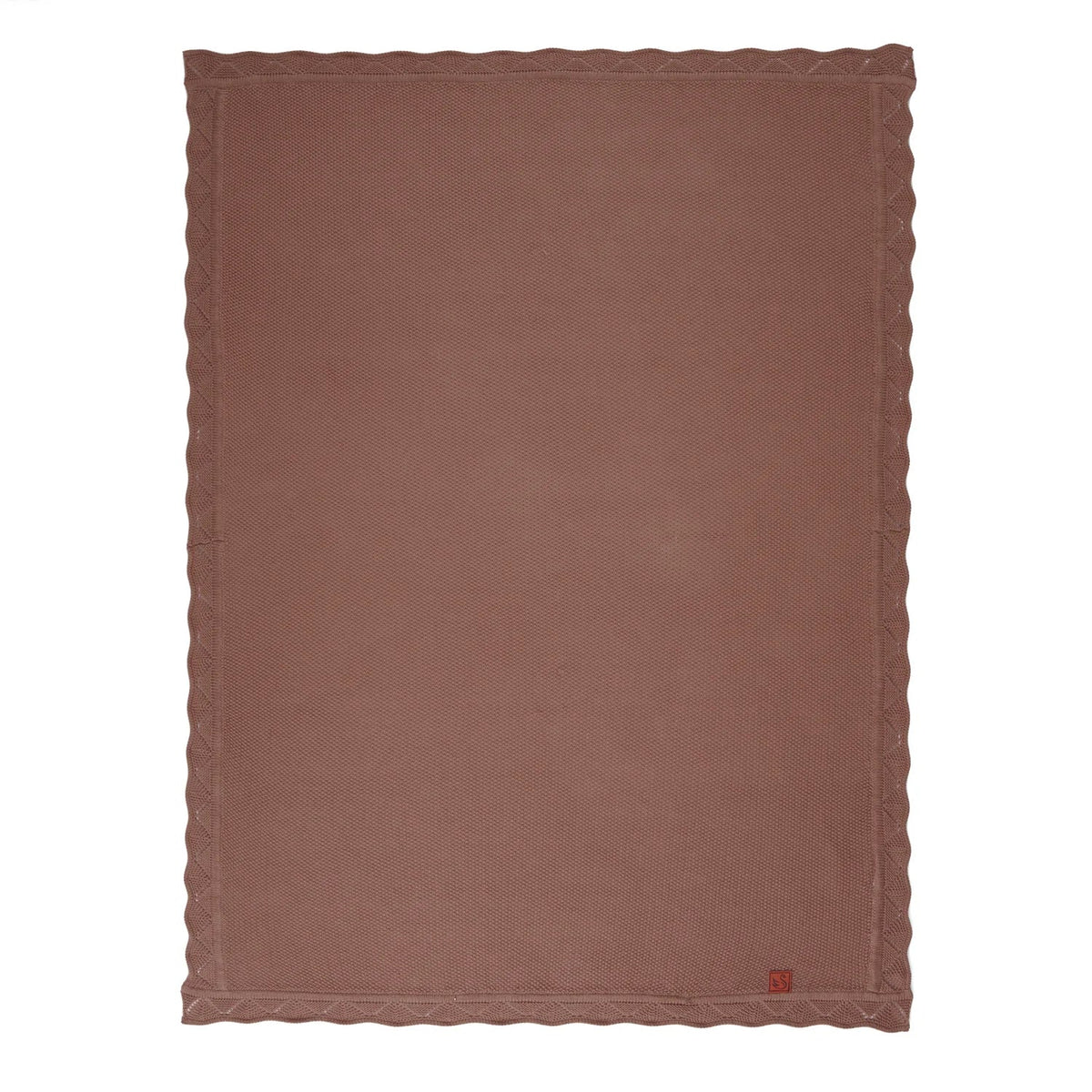 Mocha knit baby blanket with lace trim border, flat lay