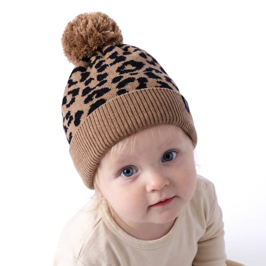 Brown ribbed cuff leopard knit baby beanie with top pom-pom