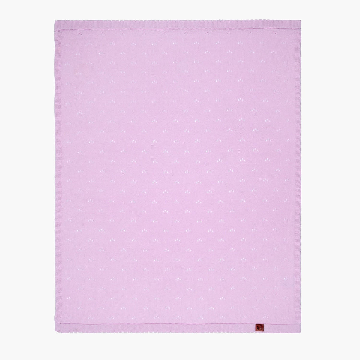 Lilac pointelle knit baby blanket, flat with allover tiny cutout pattern