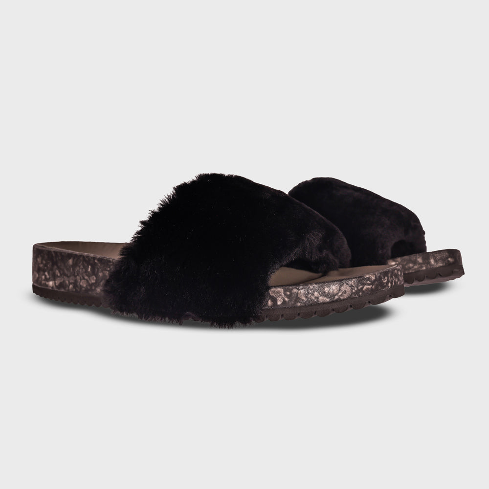 Black faux-fur slide sandals with textured platform sole