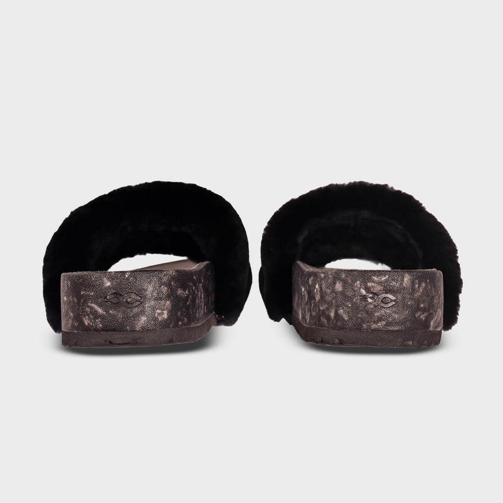 Black faux-fur slide sandals with textured heel band and molded logo