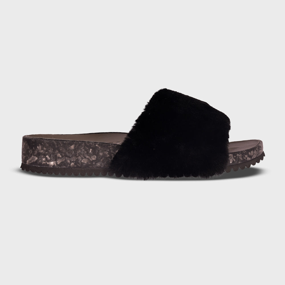 Black faux-fur slide sandals with wide cross strap and platform sole