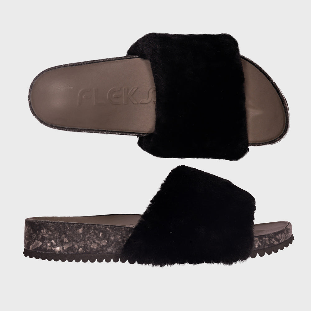 Black faux-fur slide sandals with slip-on strap and contoured footbed