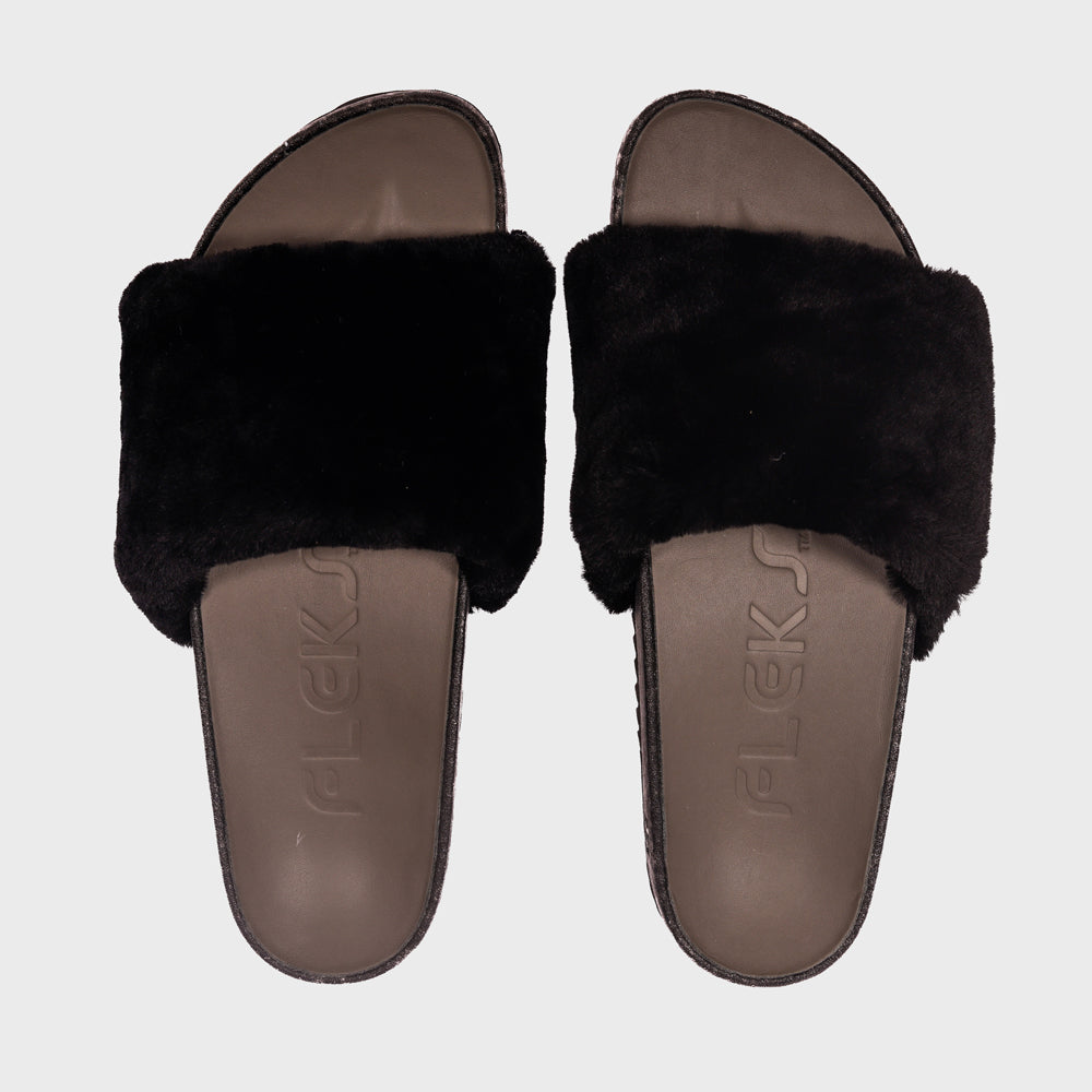Black faux-fur slide sandals with open toe and molded logo footbeds