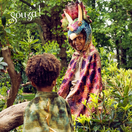 Kids dragon costume hooded cape with spiked collar, triceratops-style horns, colorful print