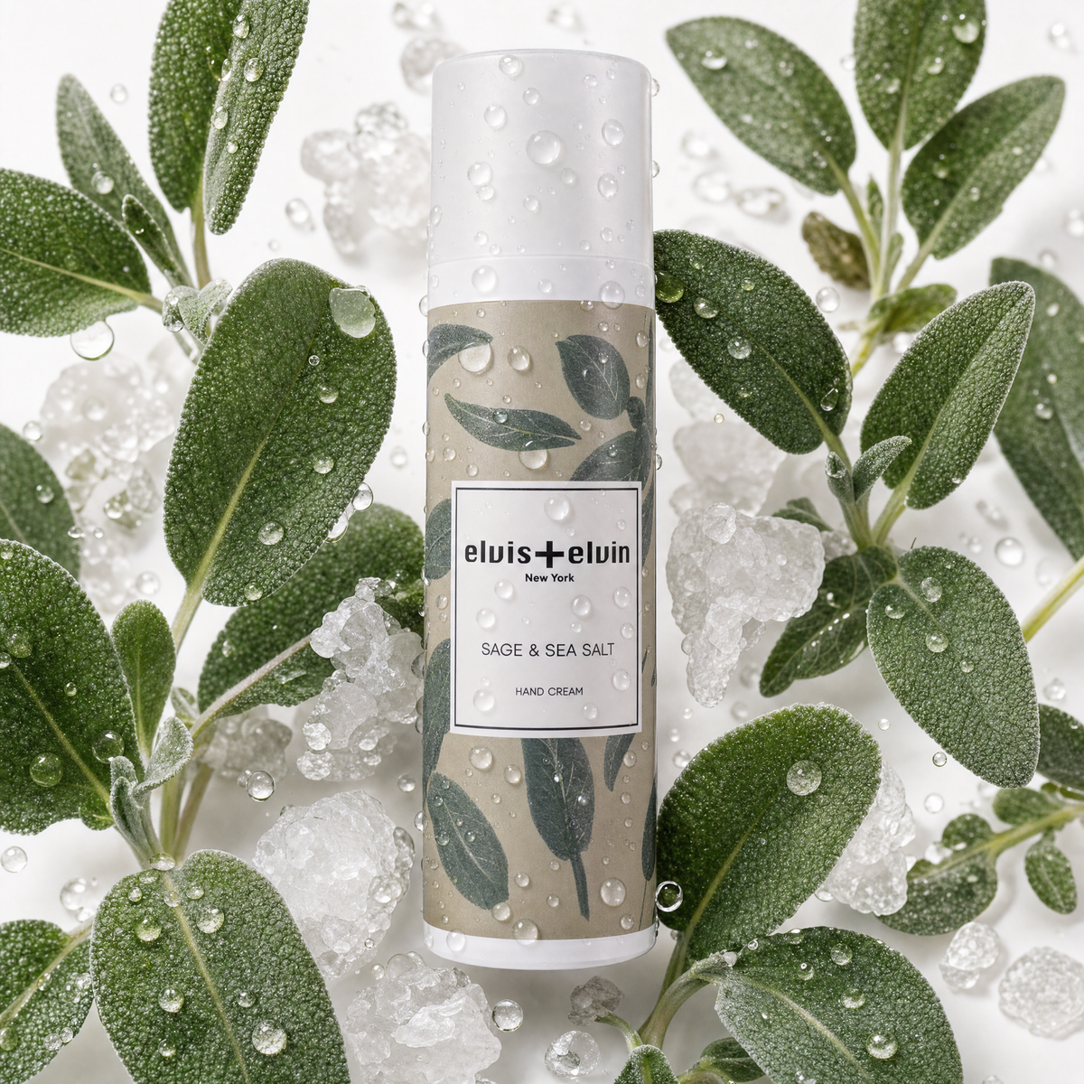 elvis+elvin Sage & Sea Salt hand cream bottle with leaf print and label