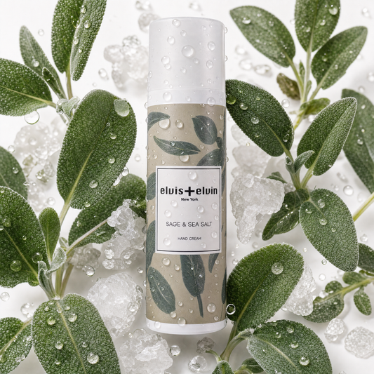 elvis+elvin Sage & Sea Salt hand cream bottle with leaf print and label