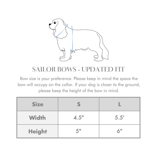 Velvet sailor dog bow size chart with S and L width/height measurements