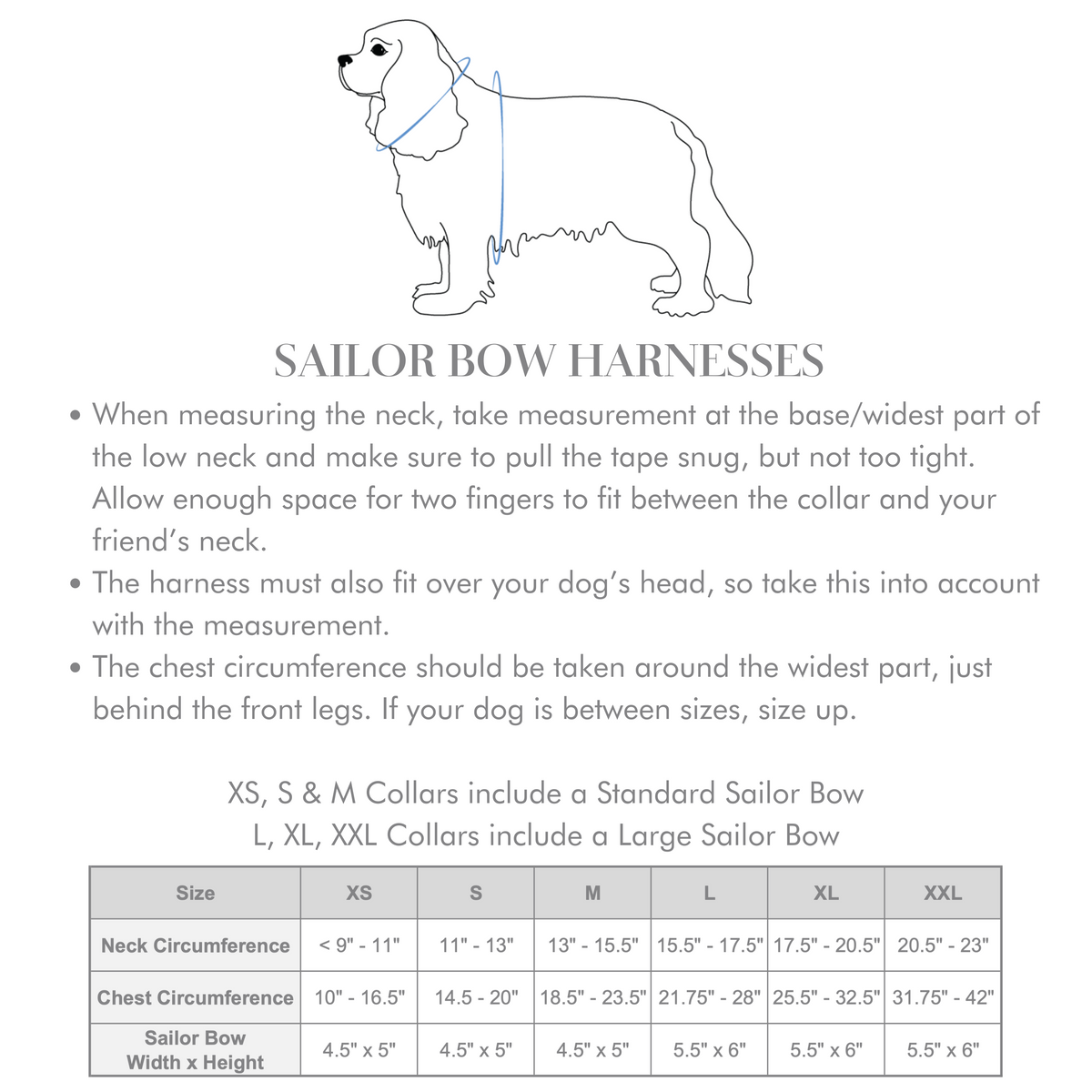 Dog harness size chart for Sailor Bow Harnesses with neck and chest measurements